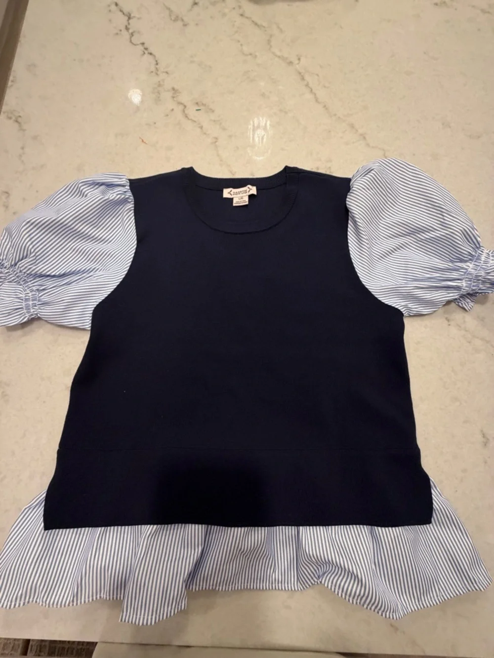 Navy Top with Blue Stripe Puff Sleeves - Women's Layered Pullover! L - Picture 3 of 4